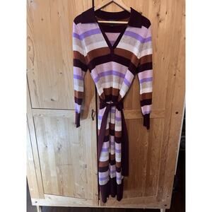 Charter Club 100% Cashmere Sweater Dress M Striped V-Neck Long Sleeve Belt